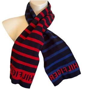 Tommy Hilfiger Men's Cotton Scarf Blue/Red‎ Stripe Logo Preppy Casual